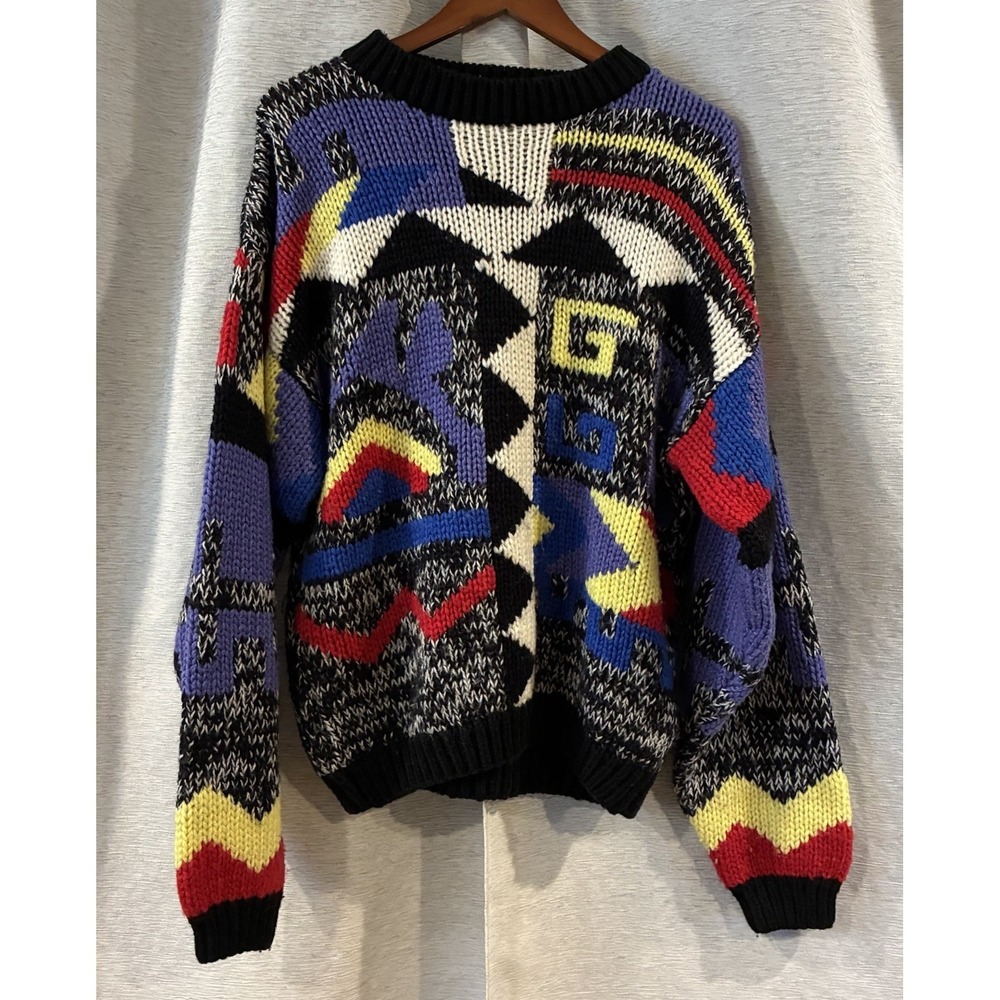 Vintage Saturdays Chunky Knit Colorful Sweater Mens Grandpa Geometric 90s Size L